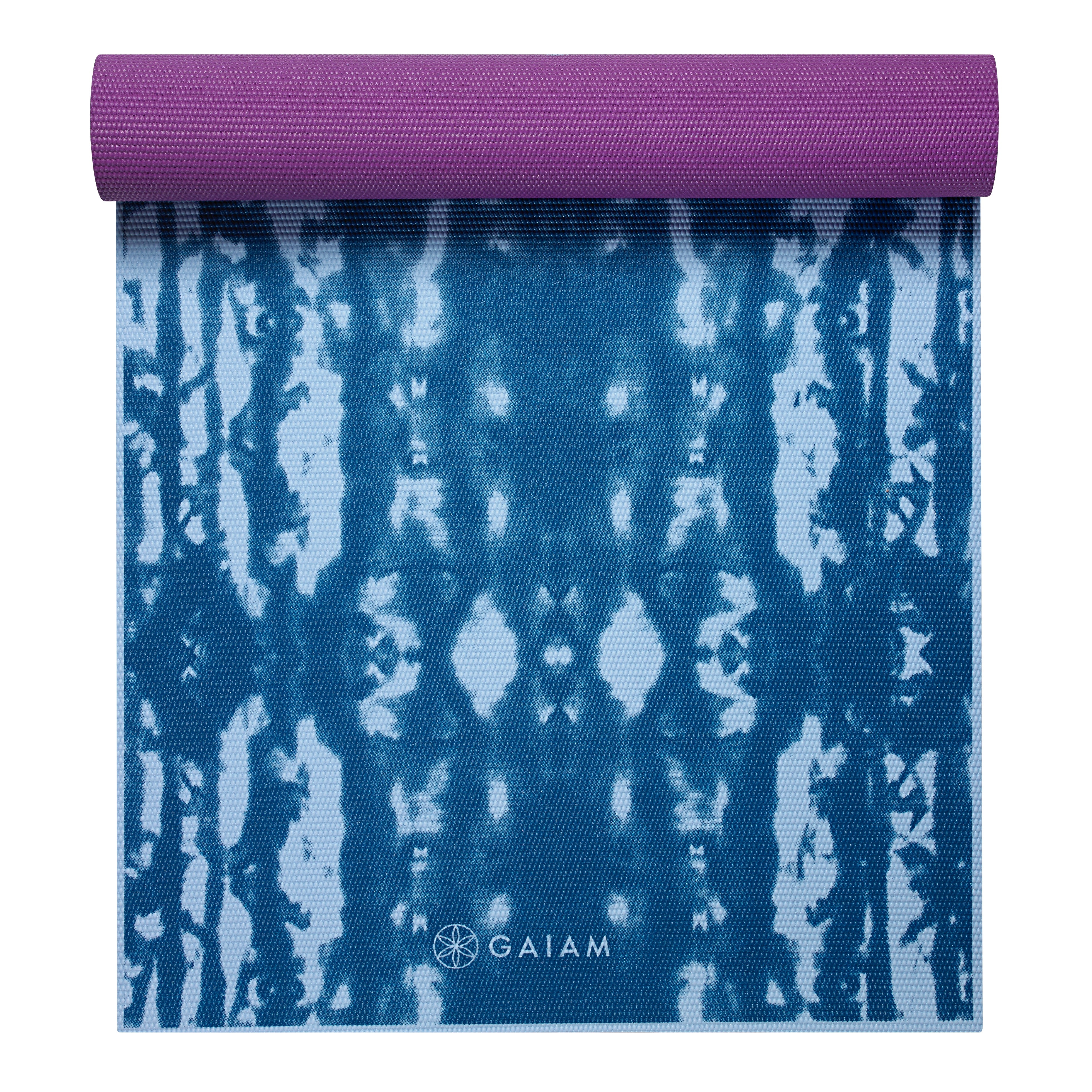 Reversible Purple Lotus Yoga Mat (6mm) blue side top rolled