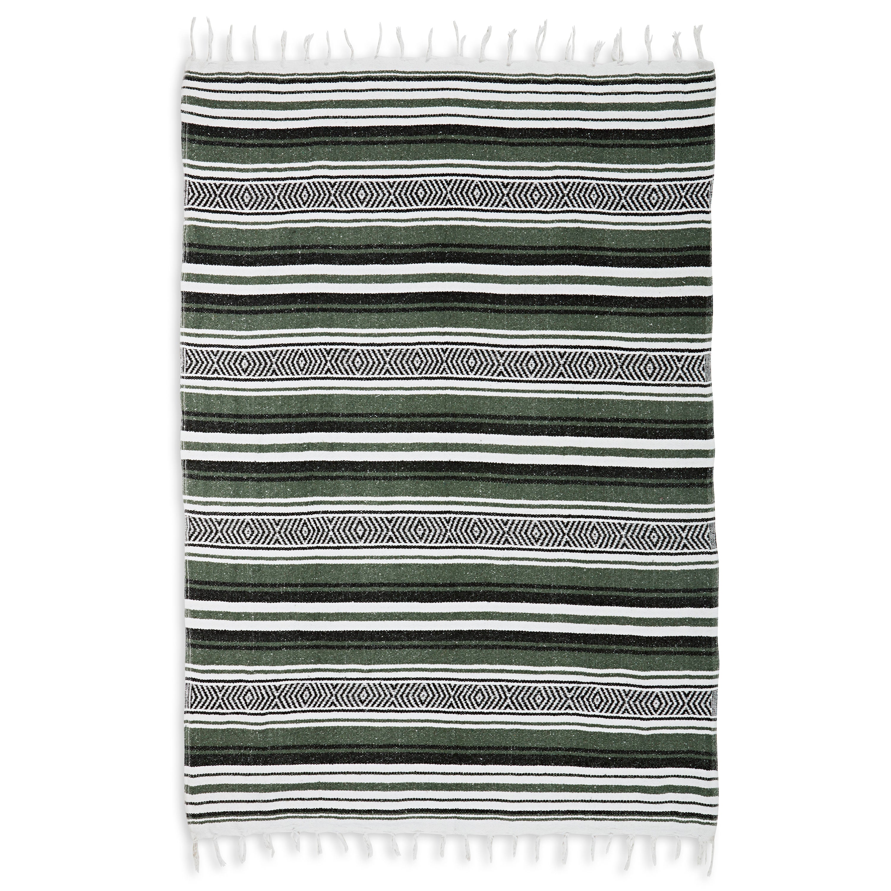 Traditional Mexican Woven Blanket Olive/White/Black flat